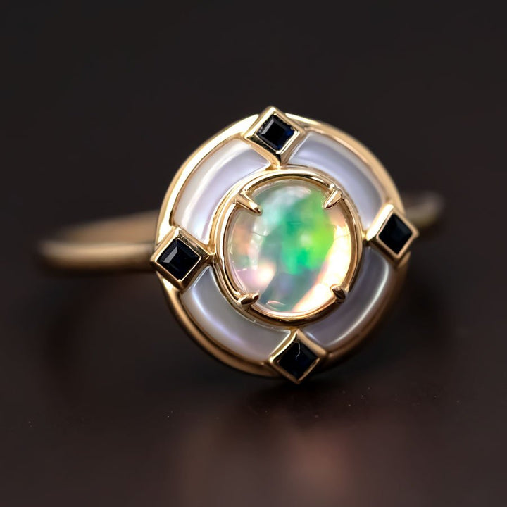Art Deco Style Fire Opal Sapphire Engagement Ring