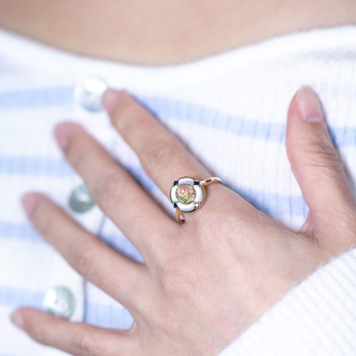 Art Deco Style Fire Opal Sapphire Engagement Ring