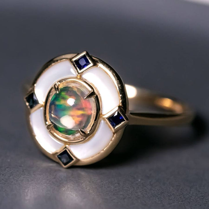 Art Deco Style Fire Opal Sapphire Engagement Ring
