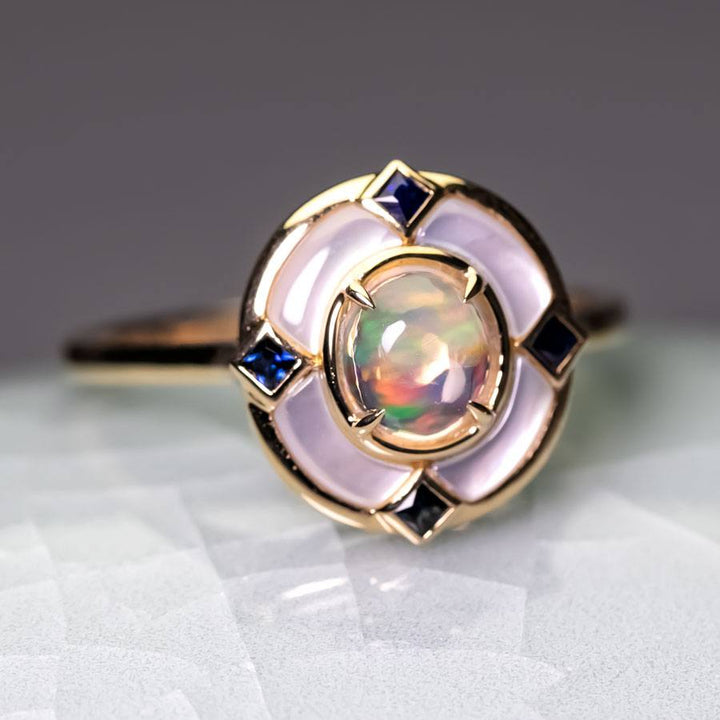 Art Deco Style Fire Opal Sapphire Engagement Ring