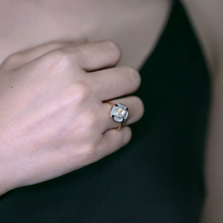 Art Deco Style Fire Opal Sapphire Engagement Ring