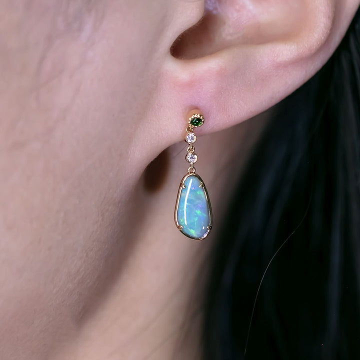 Asymmetrical Australian Opal Diamond Drop Earrings