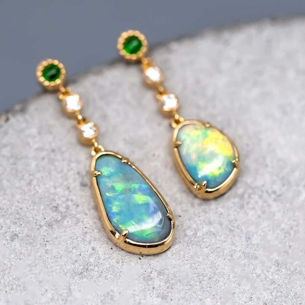 Asymmetrical Australian Opal Diamond Drop Earrings