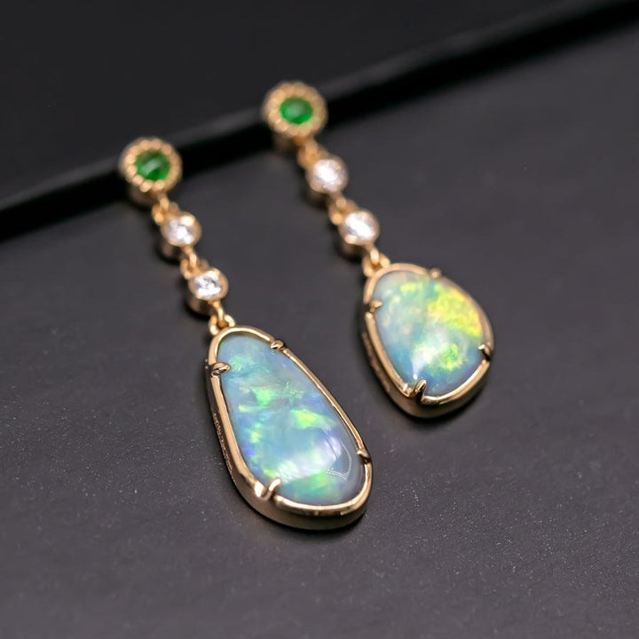 Asymmetrical Australian Opal Diamond Drop Earrings
