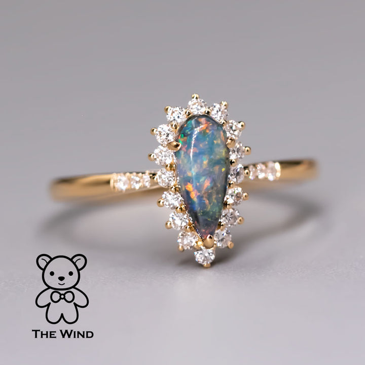 Australian Black Opal & Halo Diamond Engagement Ring-2