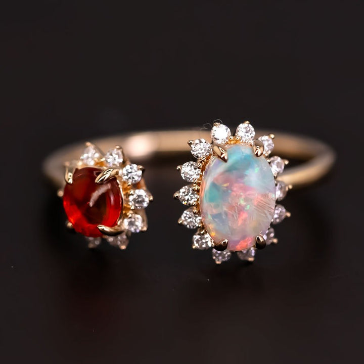 Australian Opal Fire Opal Halo Diamond Engagement Ring