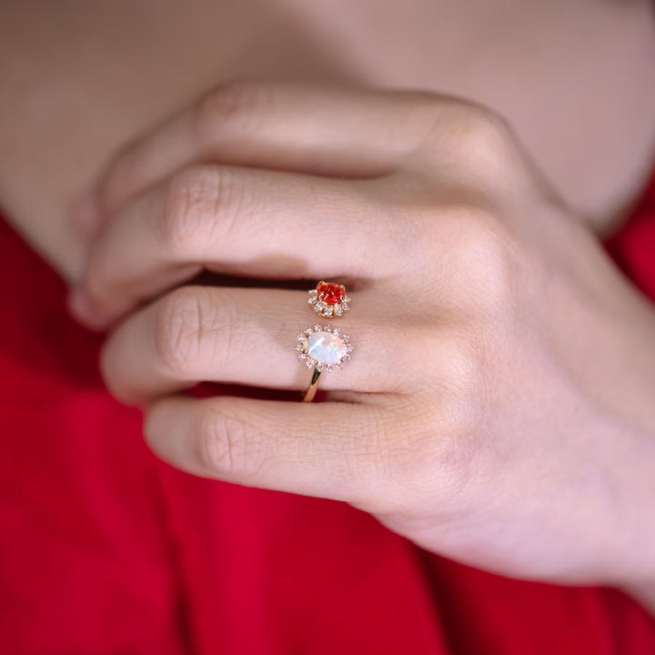 Australian Opal Fire Opal Halo Diamond Engagement Ring