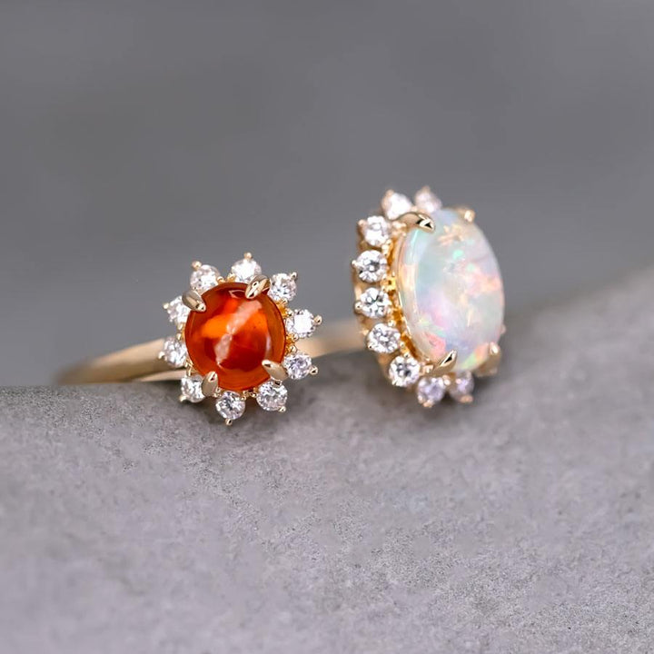 Australian Opal Fire Opal Halo Diamond Engagement Ring