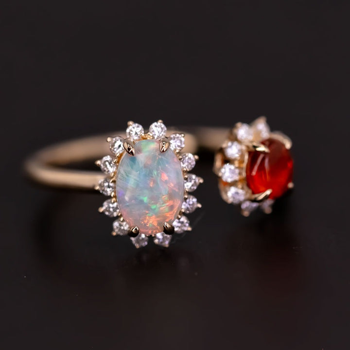 Australian Opal Fire Opal Halo Diamond Engagement Ring
