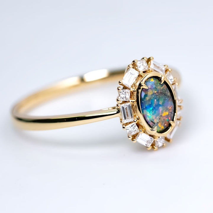 Baguette Halo Diamond Boulder Opal Engagement