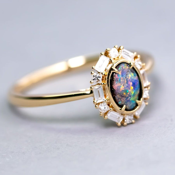 Baguette Halo Diamond Boulder Opal Engagement