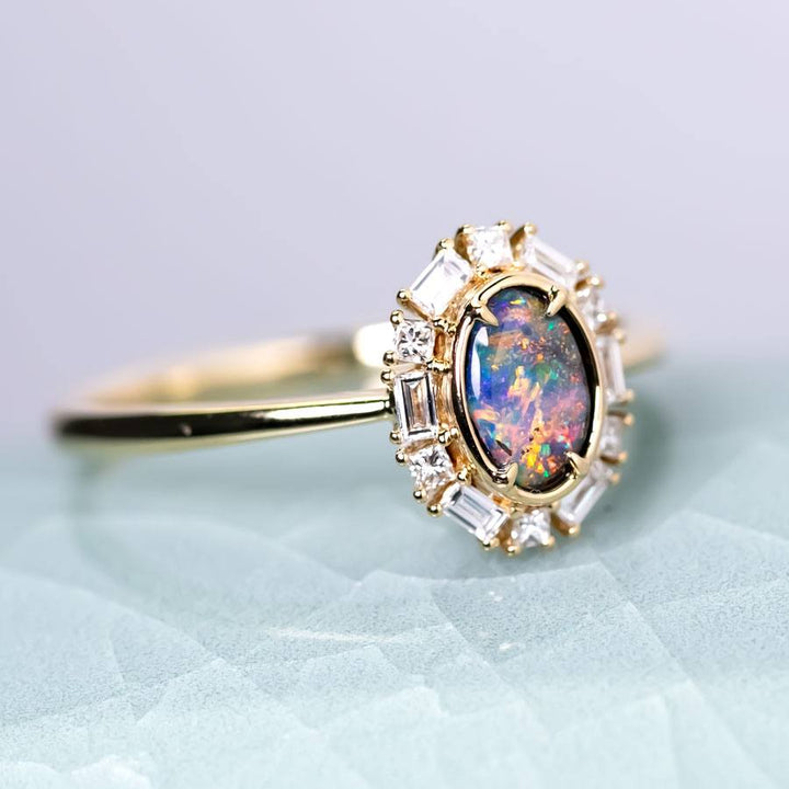 Baguette Halo Diamond Boulder Opal Engagement