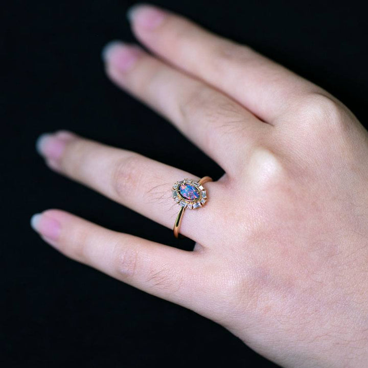 Baguette Halo Diamond Boulder Opal Engagement