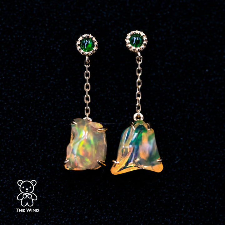 Beautiful Mexican Fire Opal & Tsavorite Drop Earrings-2