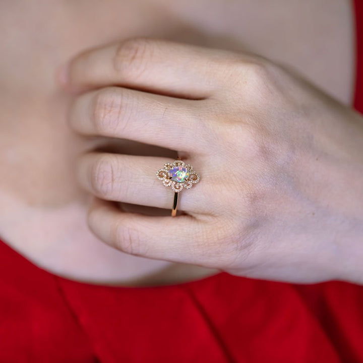 Beauty of Swirls - Fire Opal Diamond Engagement Ring