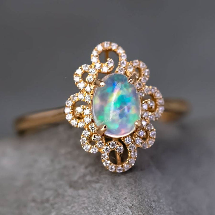 Beauty of Swirls - Fire Opal Diamond Engagement Ring