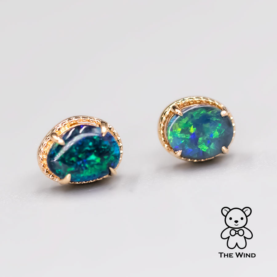 Dark Green Australian Black Opal Stud Earrings 18K Yellow Gold