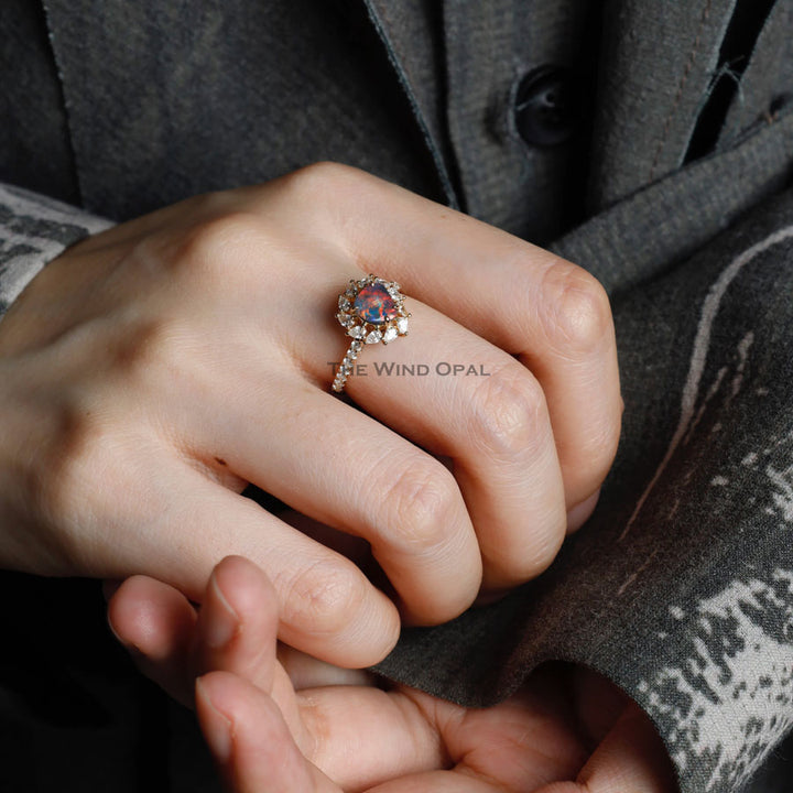 Black Opal Pear Diamond Engagement Ring