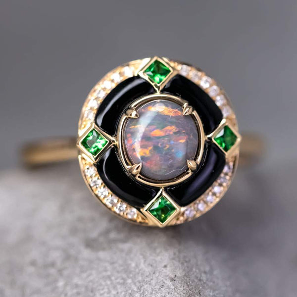 Black Opal, Diamond & Tsavorite Engagement Ring