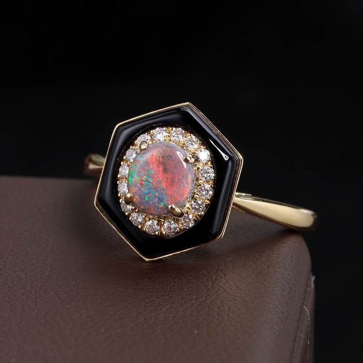 Black Opal Halo Diamond Engagement Ring