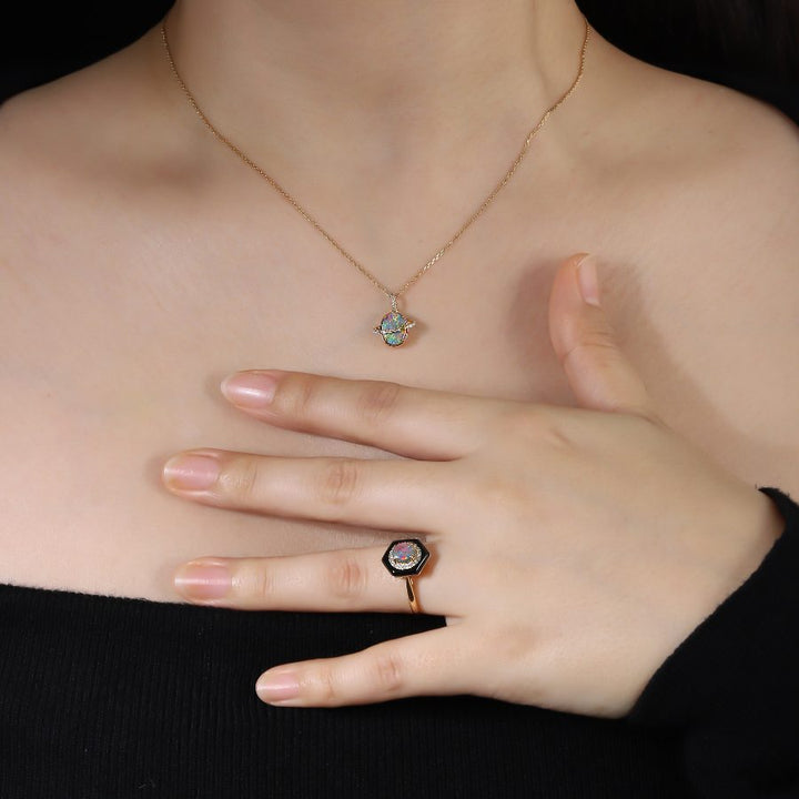 Black Opal Halo Diamond Engagement Ring
