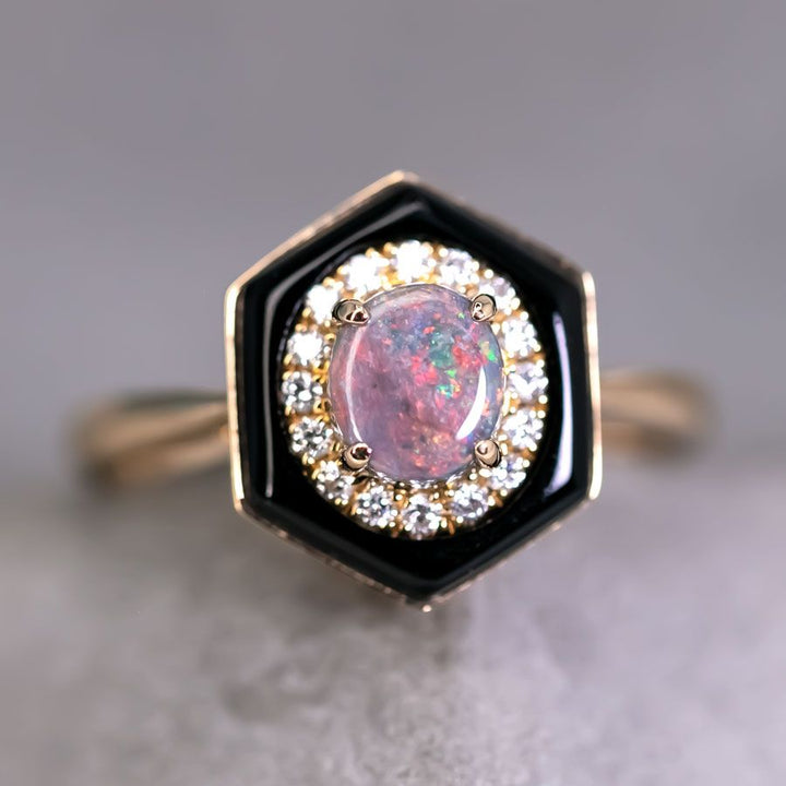 Black Opal Halo Diamond Engagement Ring