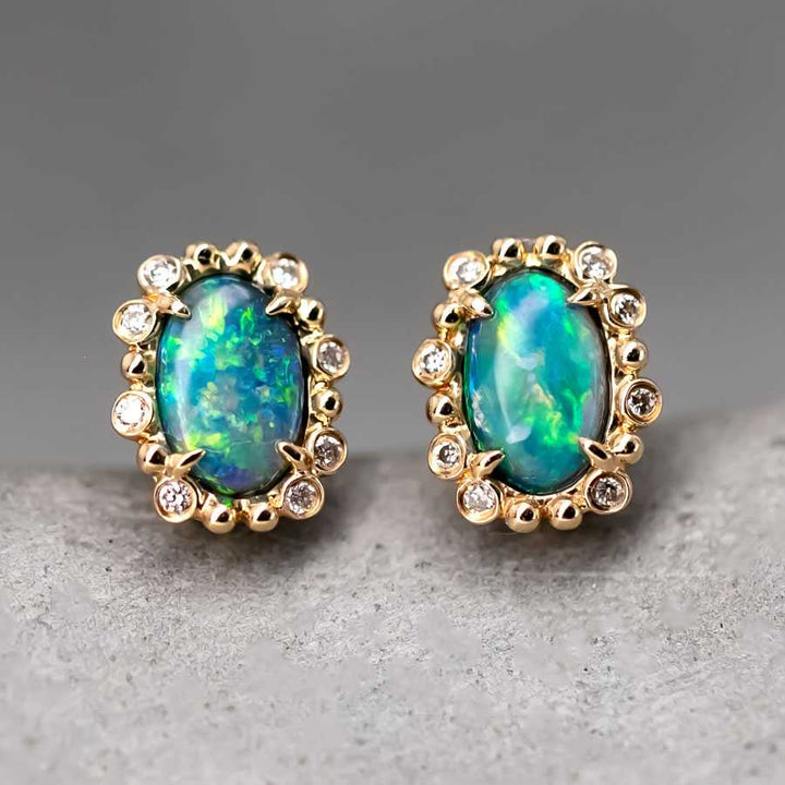 Black Opal & Halo Diamond Stud Earrings