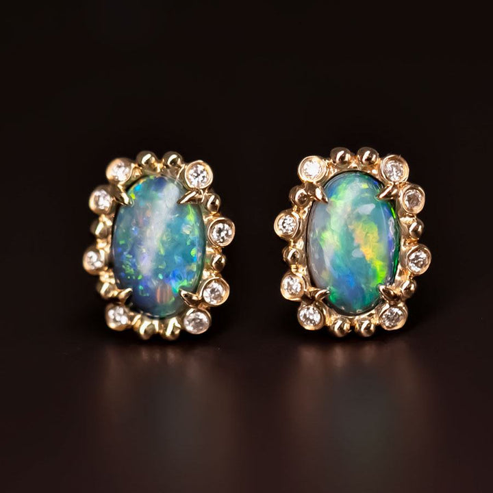 Black Opal & Halo Diamond Stud Earrings