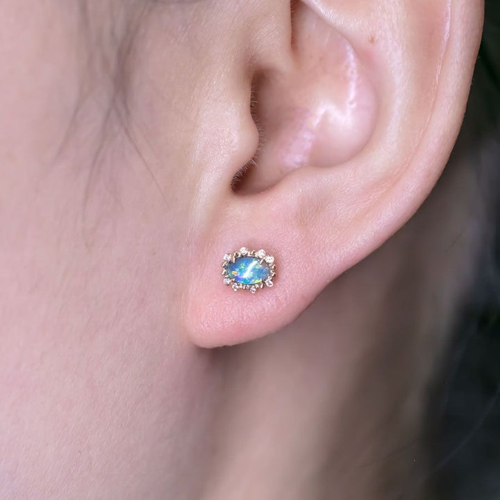 Black Opal & Halo Diamond Stud Earrings