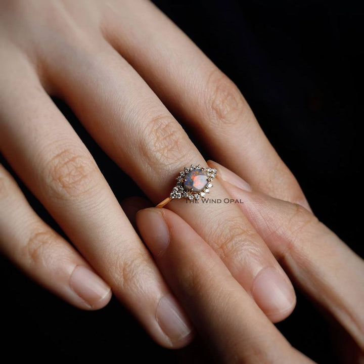 Black Opal and Diamond Halo Engagement Ring