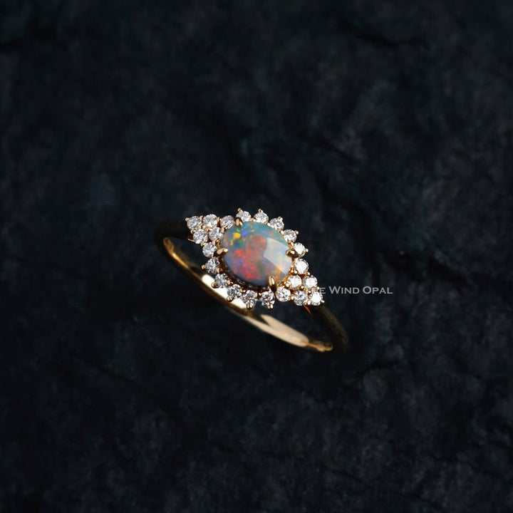 Black Opal and Diamond Halo Engagement Ring