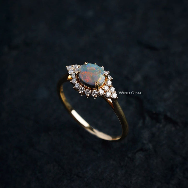 Black Opal and Diamond Halo Engagement Ring