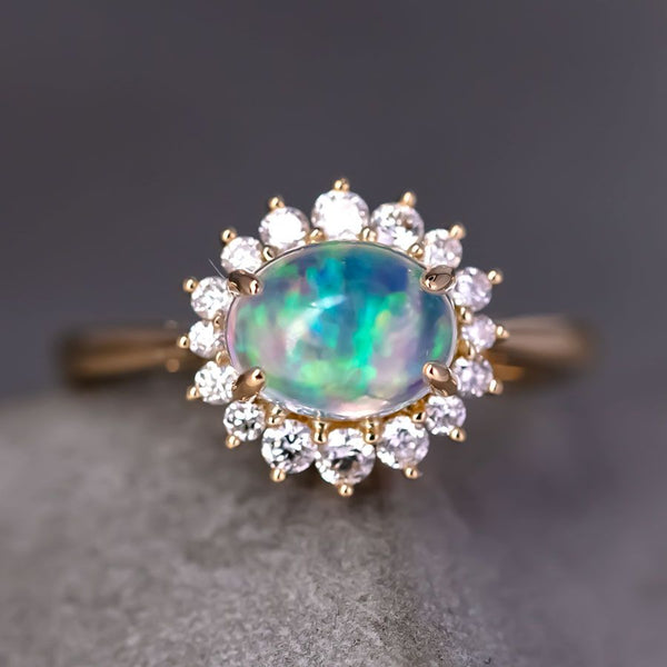 Blue-Ice Fire Opal Halo Diamond Engagement Ring