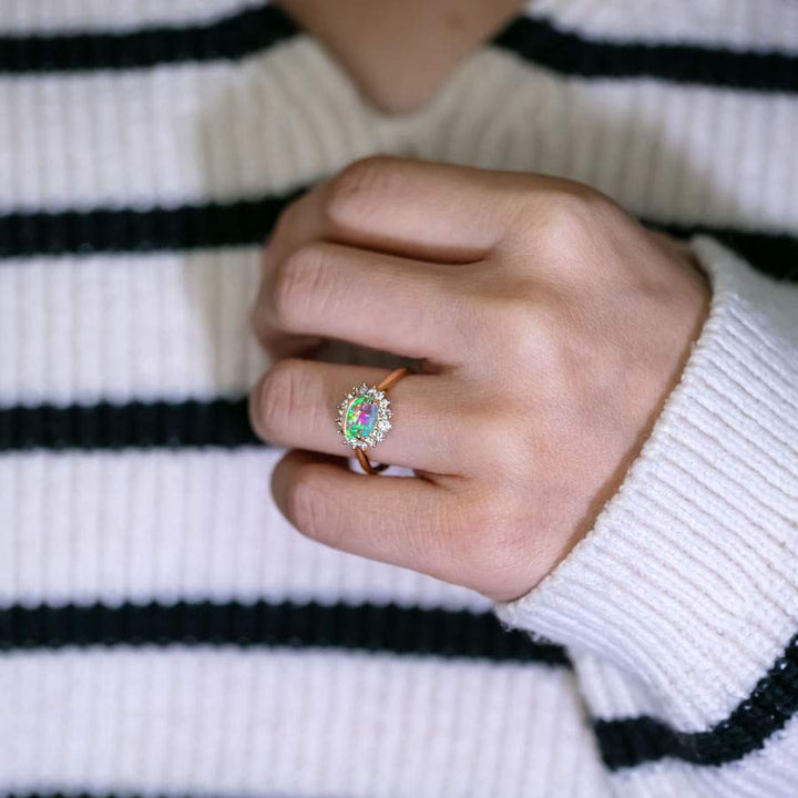 Blue-Ice Fire Opal Halo Diamond Engagement Ring 