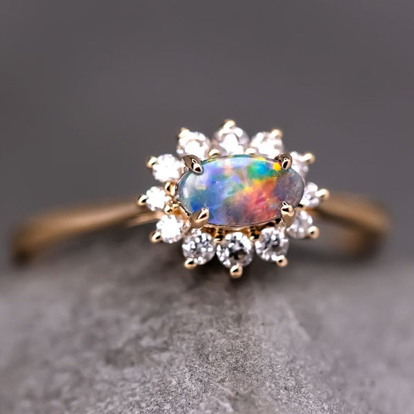 Boulder Opal Diamond Halo Engagement Ring