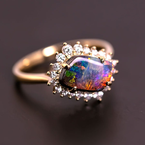 Boulder Opal Diamond Halo Engagement Ring