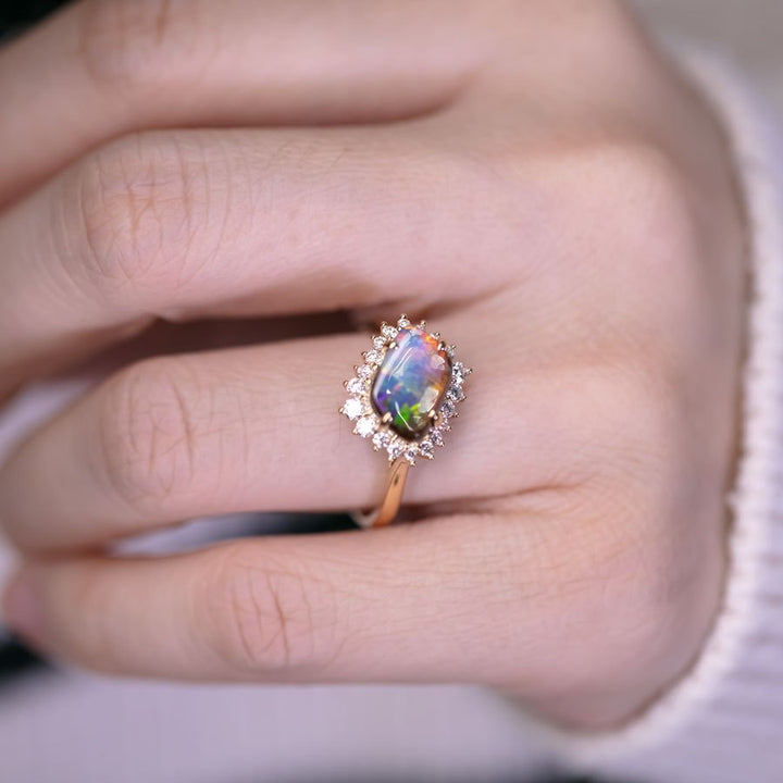 Boulder Opal Diamond Halo Engagement Ring