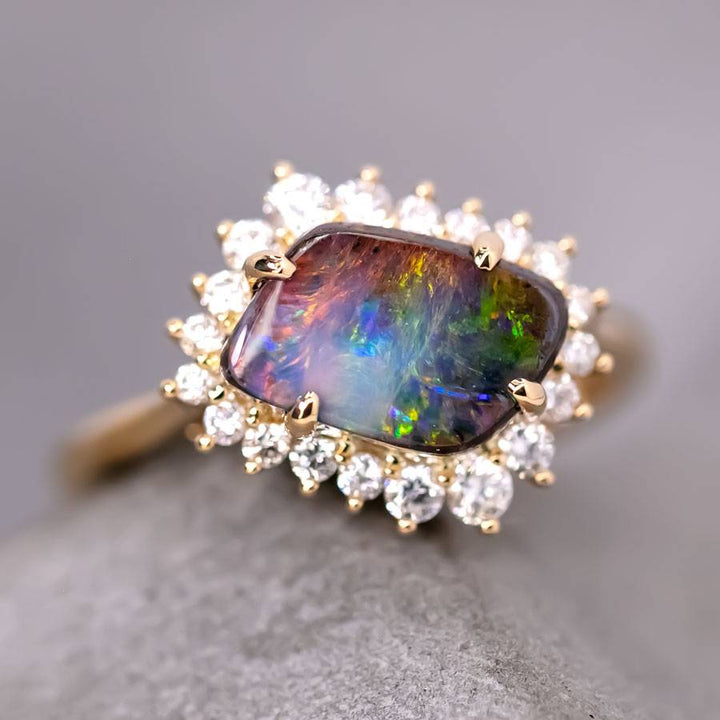 Boulder Opal Diamond Halo Engagement Ring