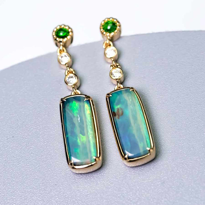 Boulder Opal Diamond Tsavorite Drop Earrings