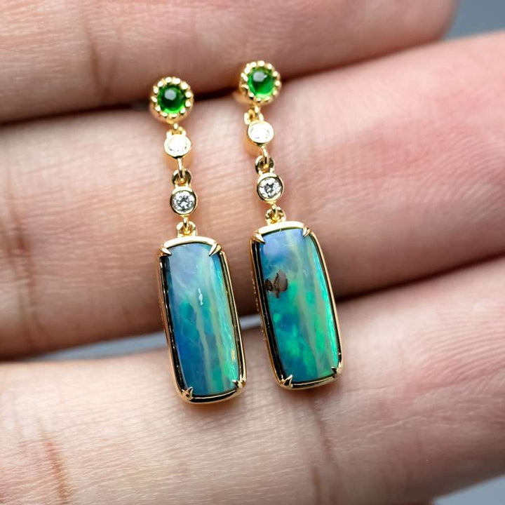 Boulder Opal Diamond Tsavorite Drop Earrings