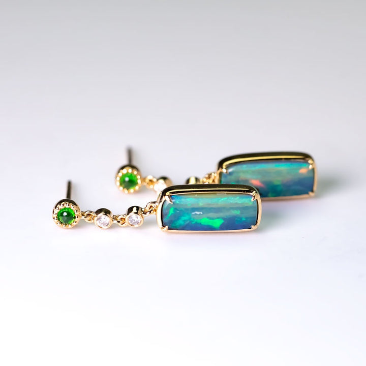 Boulder Opal Diamond Tsavorite Drop Earrings