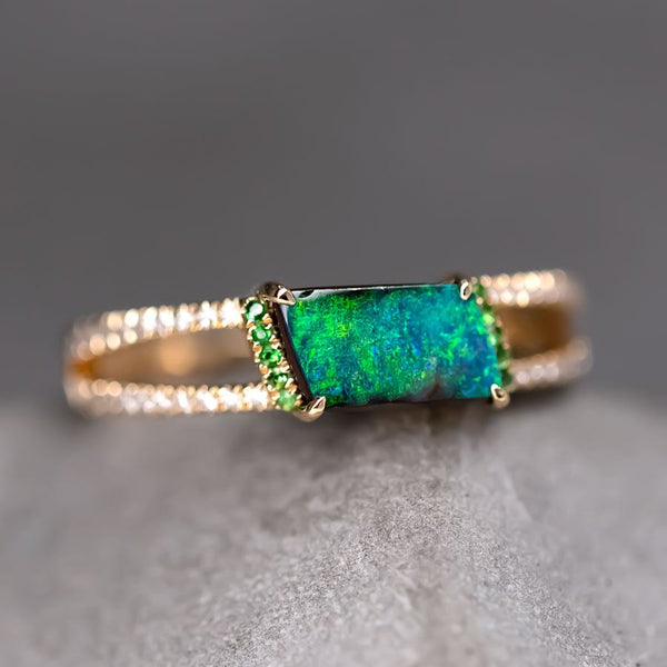 Boulder Opal Split Shank Engagement Ring Pave Setting Diamond