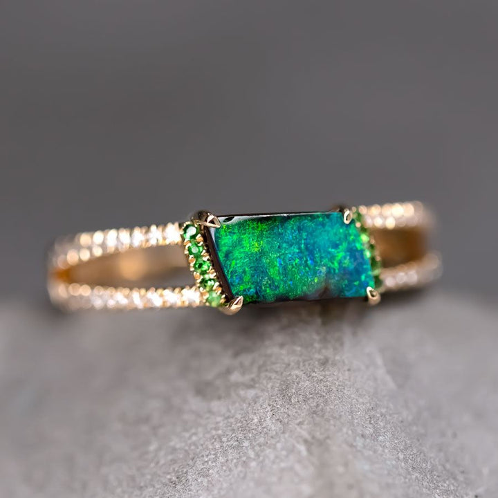 Boulder Opal Split Shank Engagement Ring Pave Setting Diamond