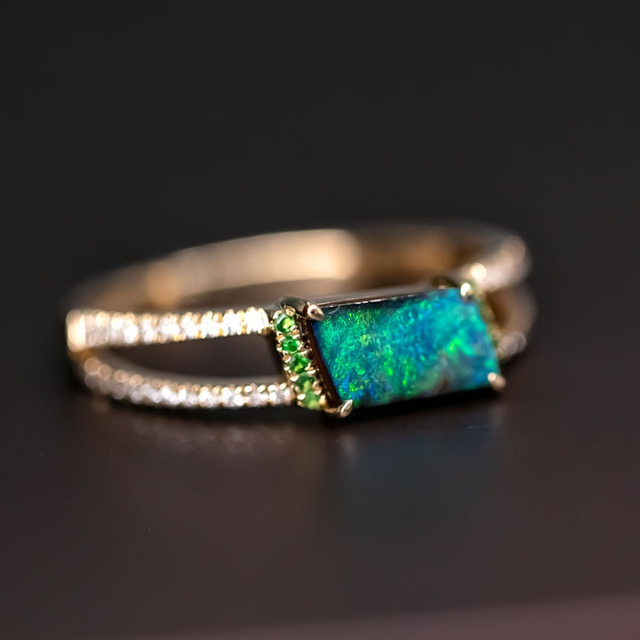 Boulder Opal Split Shank Engagement Ring Pave Setting Diamond