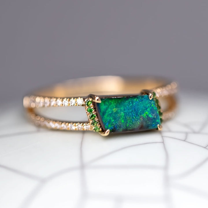 Boulder Opal Split Shank Engagement Ring Pave Setting Diamond