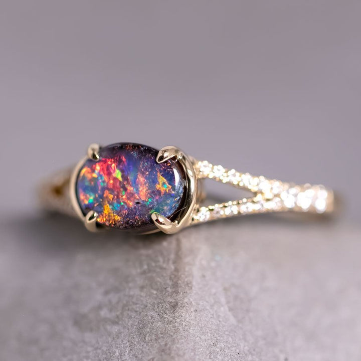 Boulder Opal Split Shank Engagement Ring with Pave Setting