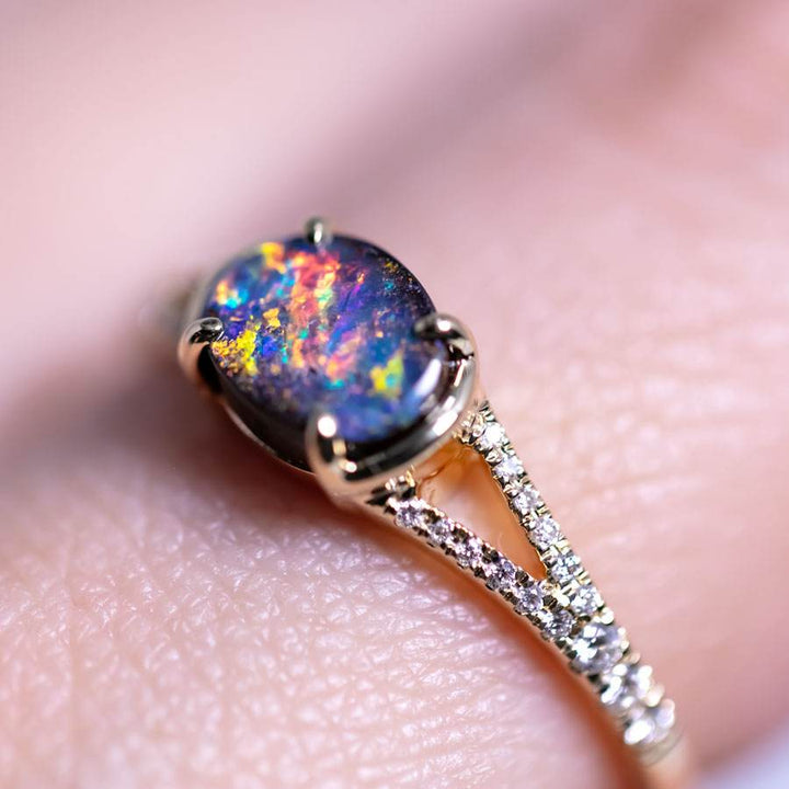 Boulder Opal Split Shank Engagement Ring with Pave Setting