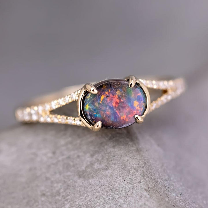 Boulder Opal Split Shank Engagement Ring with Pave Setting