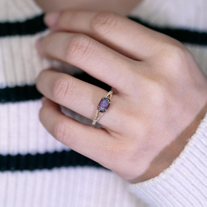 Boulder Opal Split Shank Engagement Ring with Pave Setting