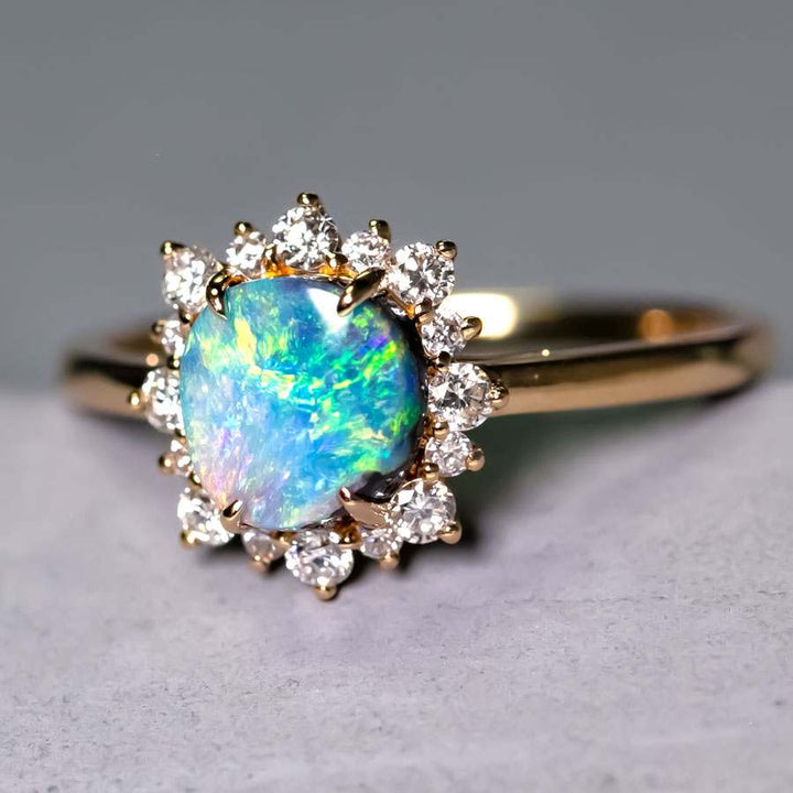 Bright Boulder Opal Halo Diamond Engagement Ring